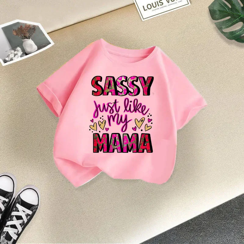 Girls' cotton short sleeve round neck cartoon print t-shirt in pink, suitable for height 100-150cm