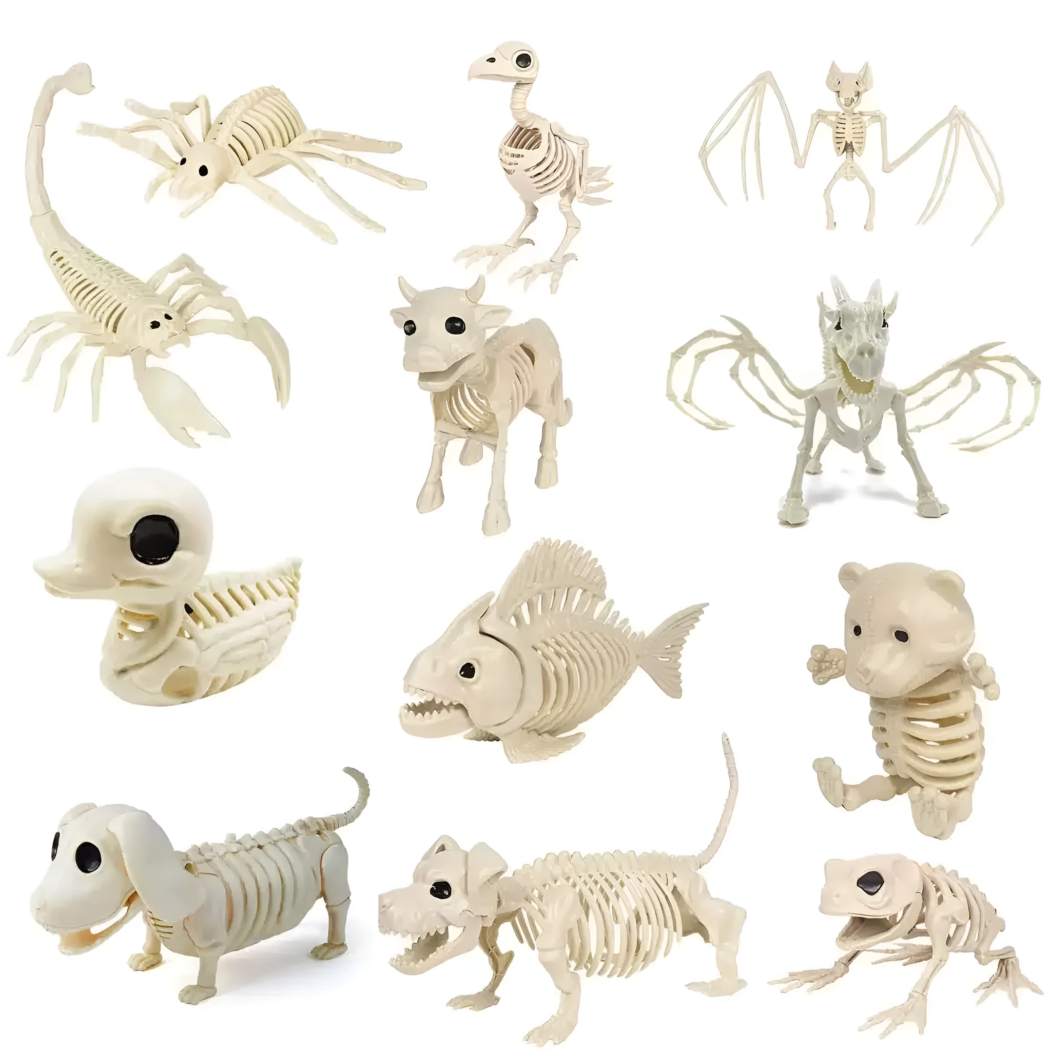 Plastic American-style animal skeleton Halloween decorations featuring bat, bear, cat, cattle, duck, fish, flying dragon, scorpion, small wax dog, snake, and spider