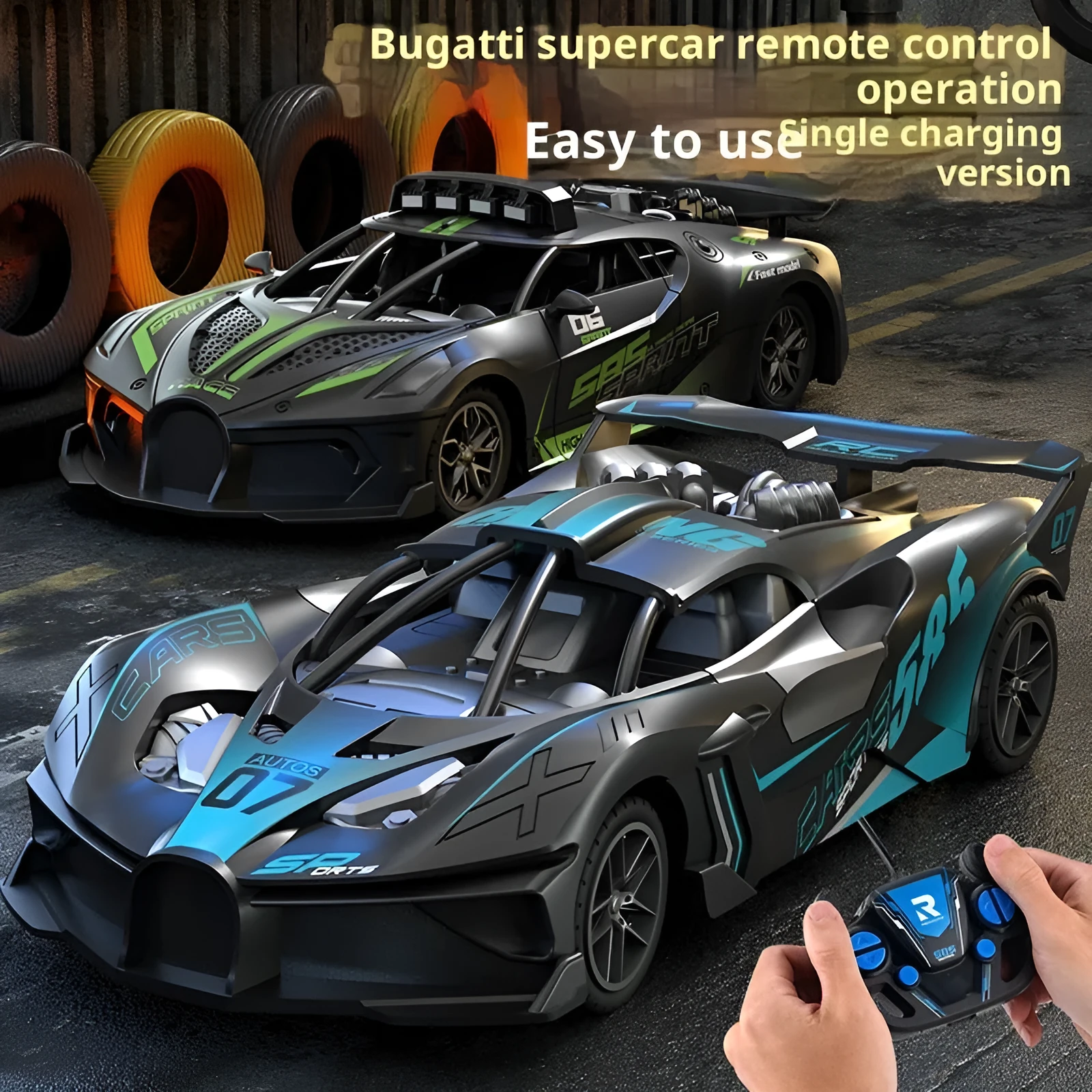 Children's remote control car toy in green with four-way charging and wireless remote