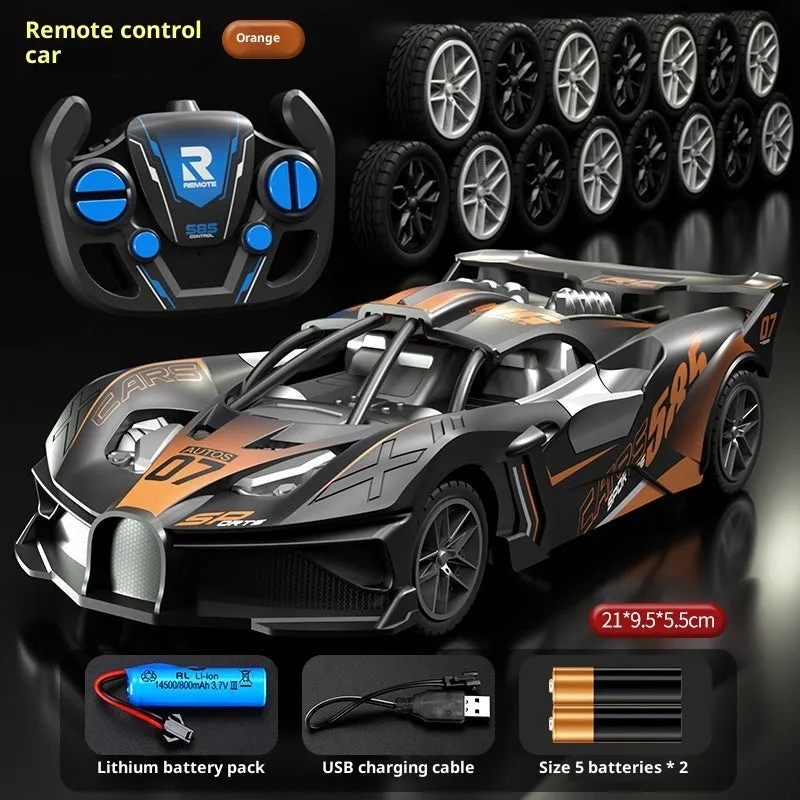 Children's remote control car toy in green with four-way charging and wireless remote