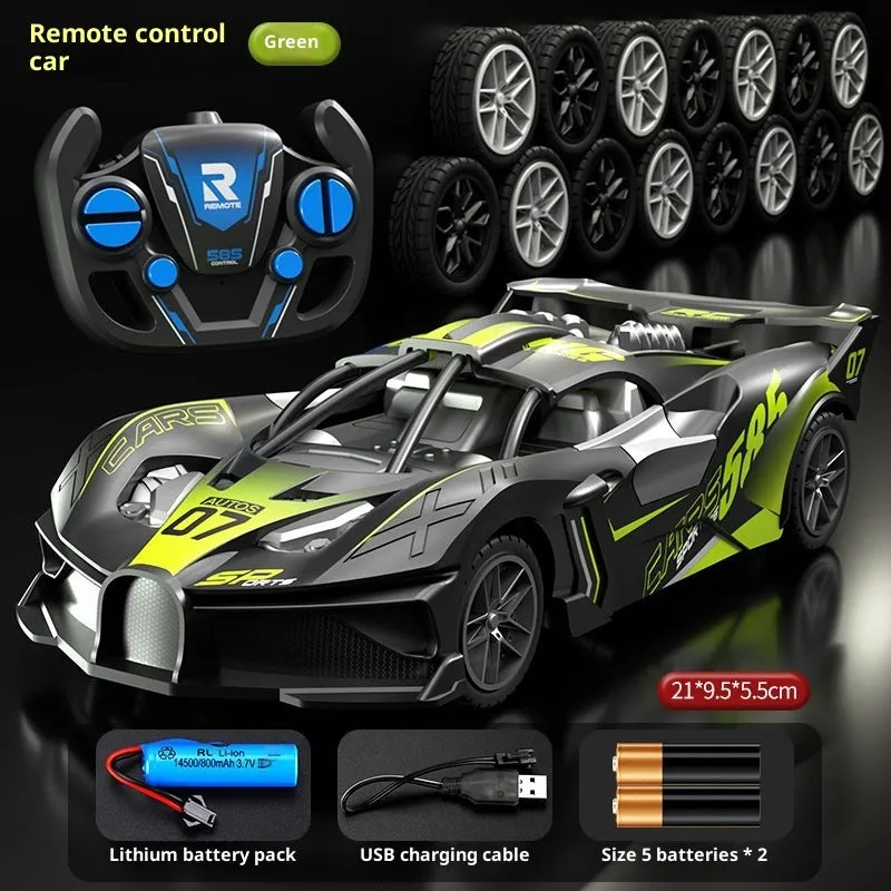 Children's remote control car toy in green with four-way charging and wireless remote