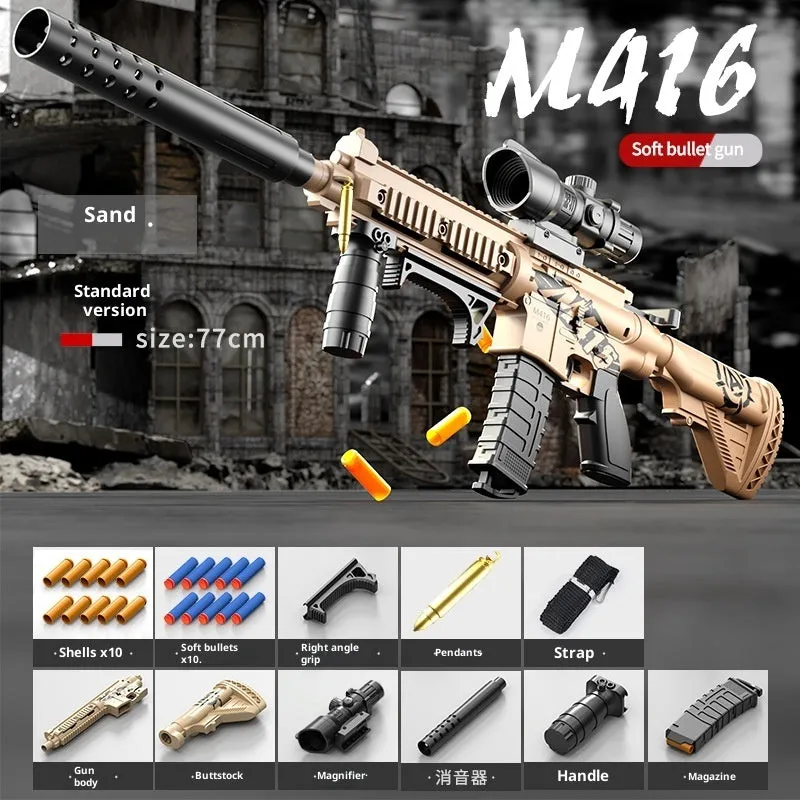 Manual bolt throwing shell soft bullet gun M416 sand colour plastic toy with accessories