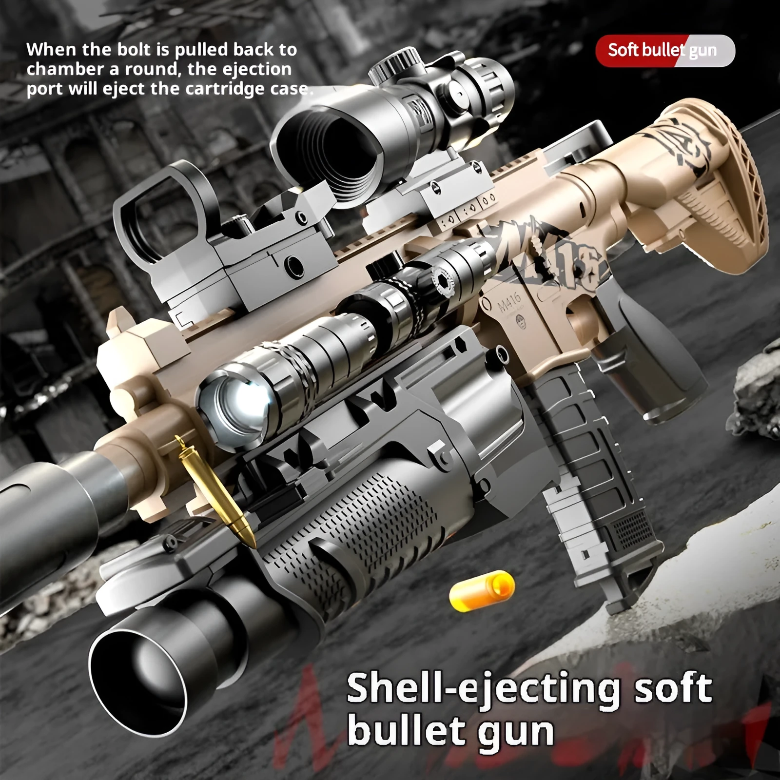 Manual bolt throwing shell soft bullet gun M416 sand colour plastic toy with accessories