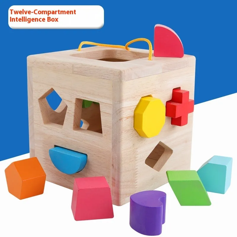 Wooden geometric shape matching baby building blocks with intelligence boxes and wheels for infants 0-3 years