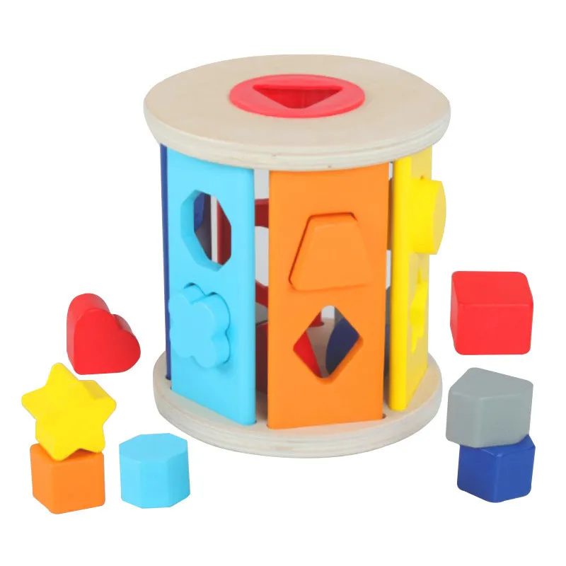 Wooden geometric shape matching baby building blocks with intelligence boxes and wheels for infants 0-3 years