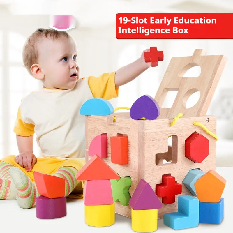 Wooden geometric shape matching baby building blocks with intelligence boxes and wheels for infants 0-3 years