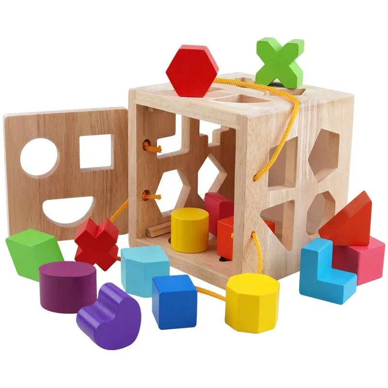 Wooden geometric shape matching baby building blocks with intelligence boxes and wheels for infants 0-3 years