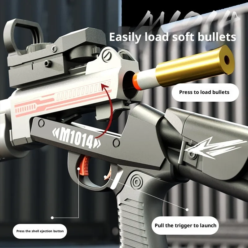 Folding throw shell XM1014 soft bullet toy gun in sand colour with manual launch mechanism, ABS material