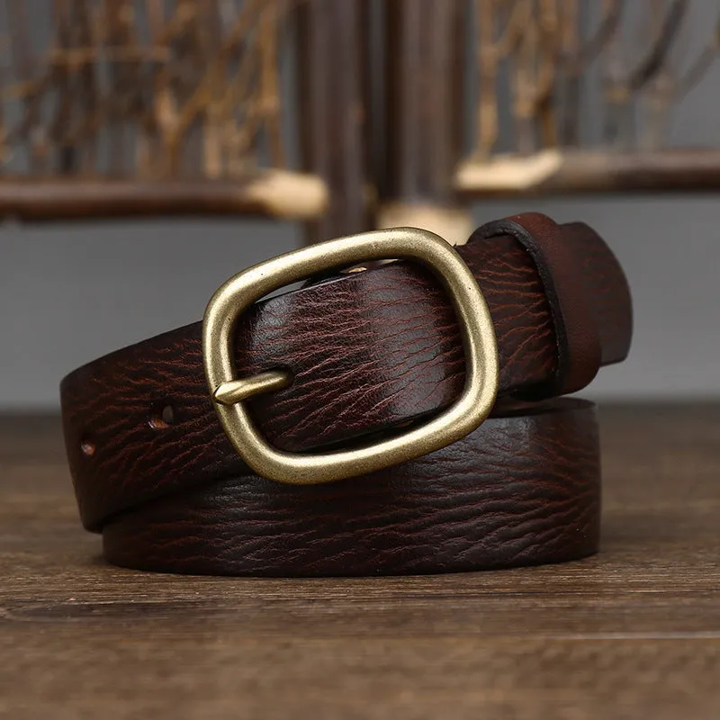 Handmade genuine leather belt with antique copper buckle, 2.8cm wide, 4mm thick, 120cm length, in black colour on wooden surface