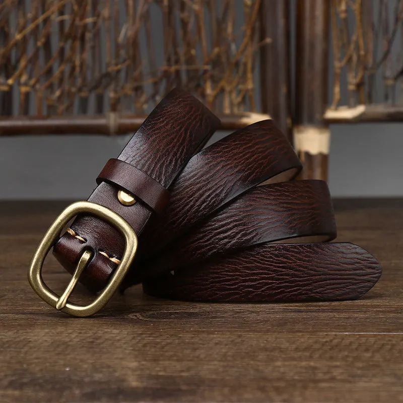 Handmade genuine leather belt with antique copper buckle, 2.8cm wide, 4mm thick, 120cm length, in black colour on wooden surface
