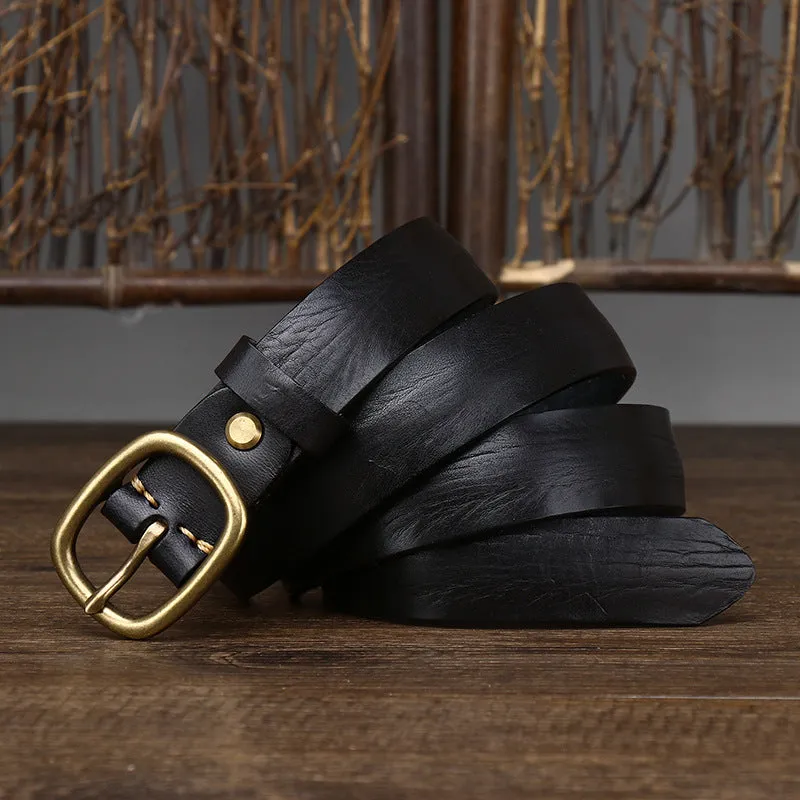 Handmade genuine leather belt with antique copper buckle, 2.8cm wide, 4mm thick, 120cm length, in black colour on wooden surface
