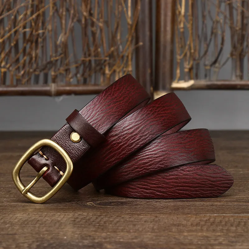 Handmade genuine leather belt with antique copper buckle, 2.8cm wide, 4mm thick, 120cm length, in black colour on wooden surface