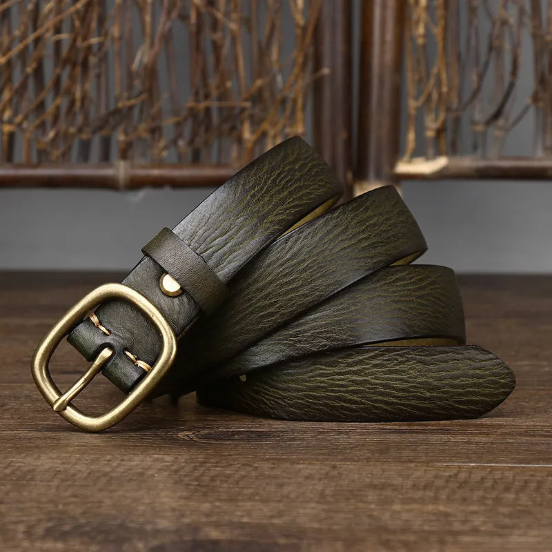 Handmade genuine leather belt with antique copper buckle, 2.8cm wide, 4mm thick, 120cm length, in black colour on wooden surface