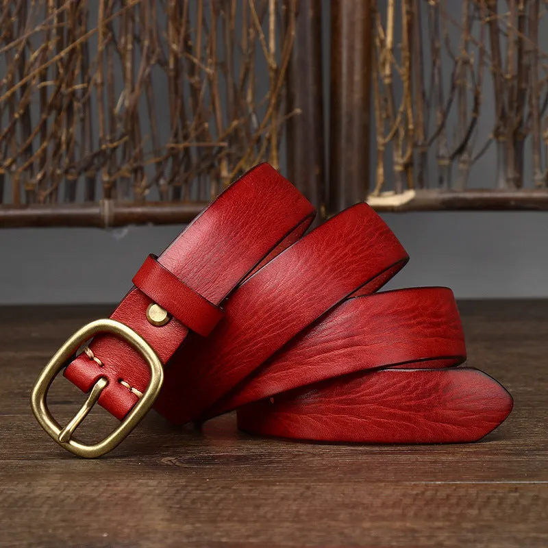 Handmade genuine leather belt with antique copper buckle, 2.8cm wide, 4mm thick, 120cm length, in black colour on wooden surface