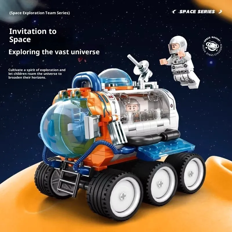 Creative education rocket building blocks toy set with plastic space exploration models in colour box