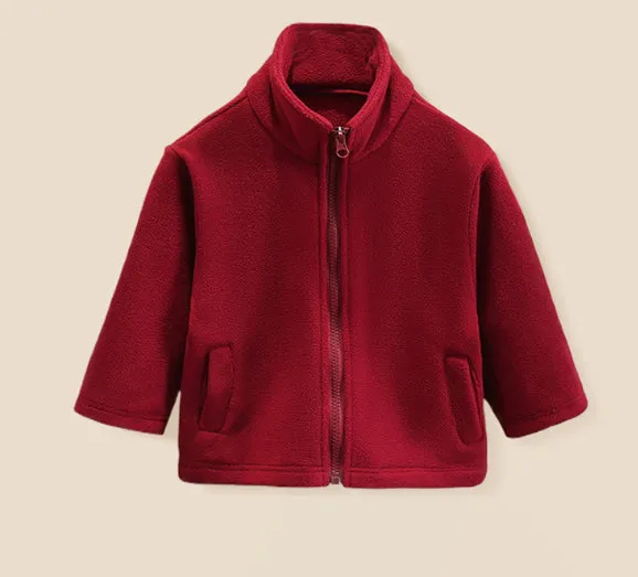 Children's split liner hooded jacket in red with full zipper and long sleeves on a white background