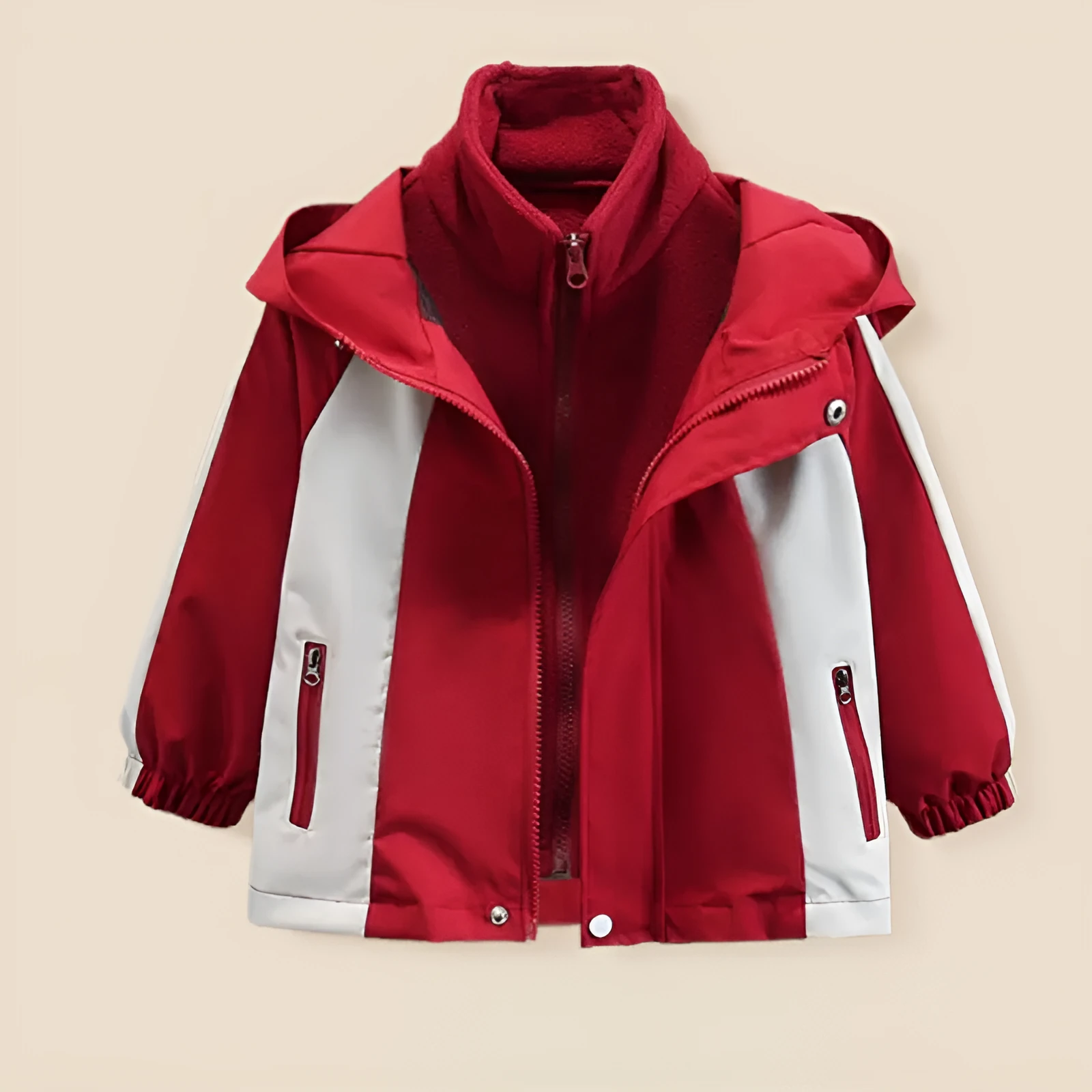 Children's split liner hooded jacket in red with full zipper and long sleeves on a white background