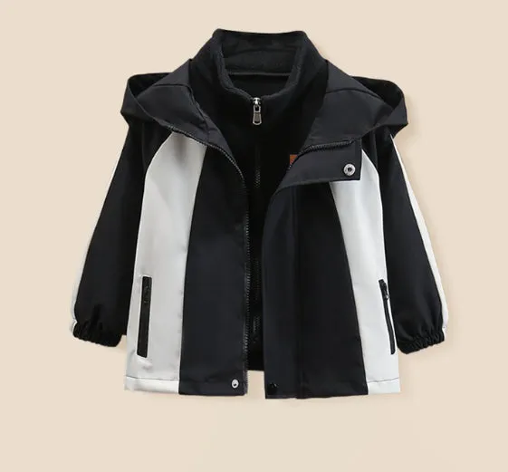 Children's split liner hooded jacket in red with full zipper and long sleeves on a white background