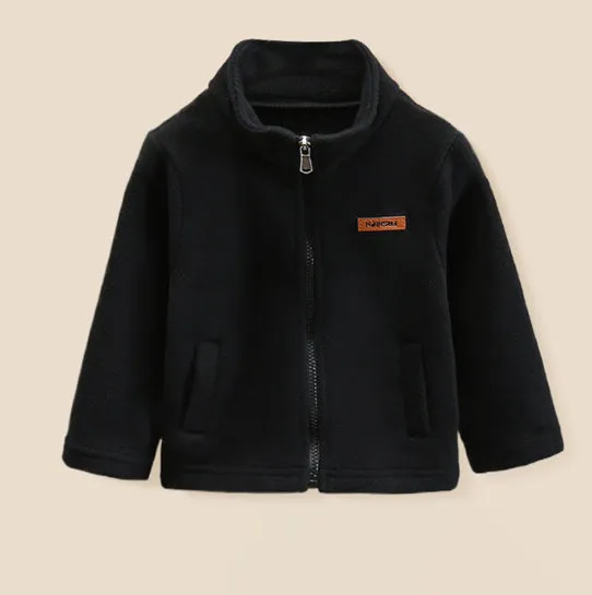 Children's split liner hooded jacket in red with full zipper and long sleeves on a white background