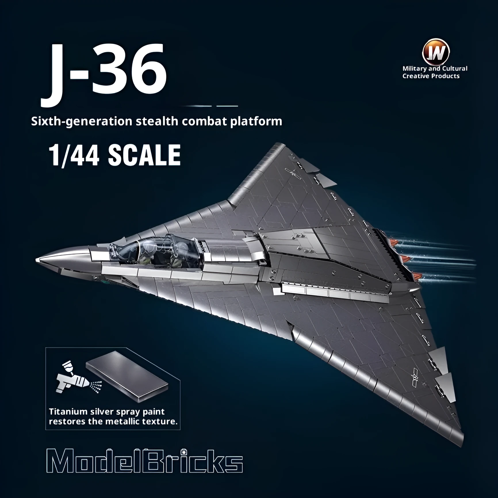 J-36 sixth generation stealth fighter building block model with 1182 small plastic particles in colour box