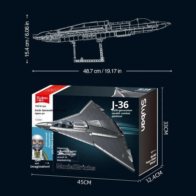 J-36 sixth generation stealth fighter building block model with 1182 small plastic particles in colour box