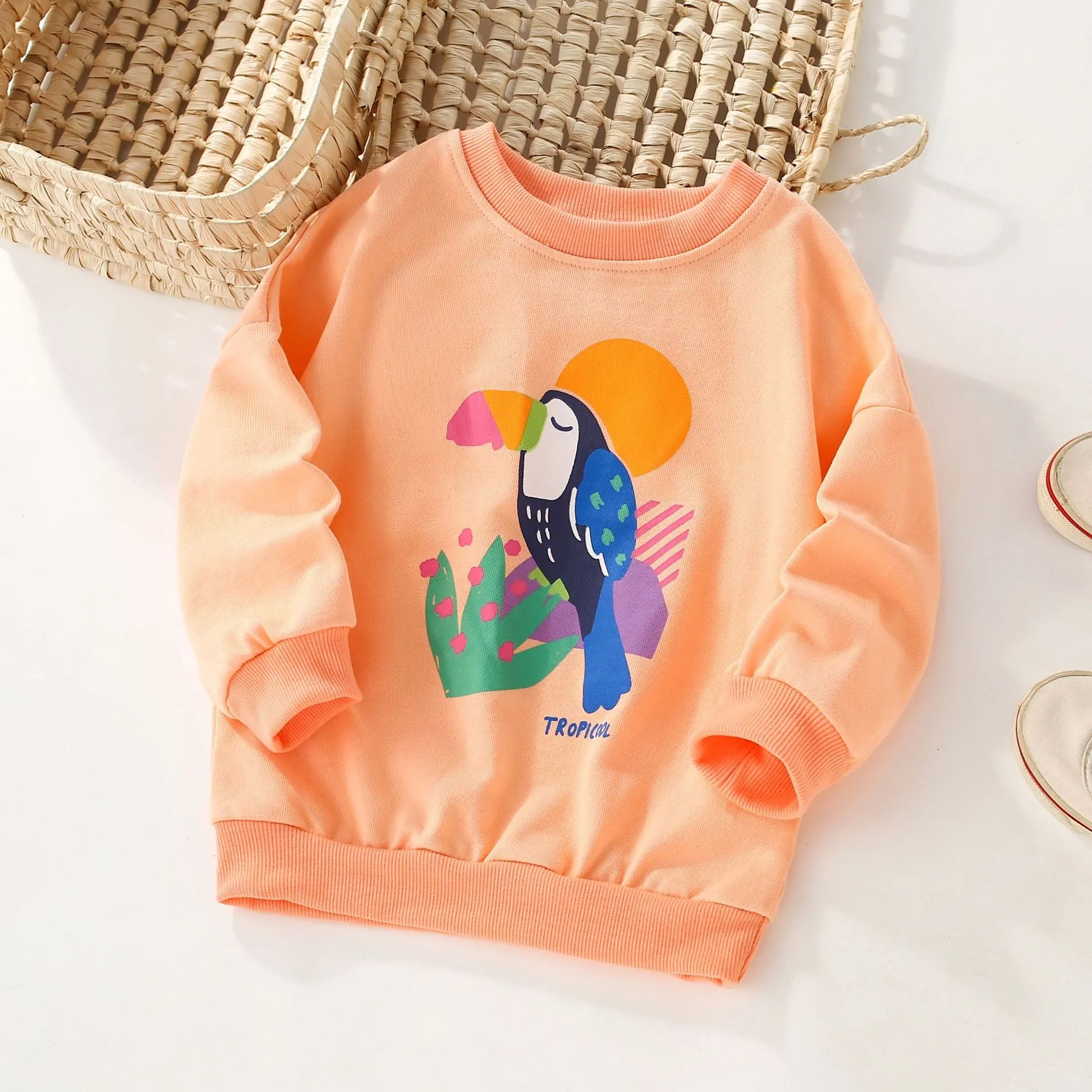 Girls' 100% cotton pullover sweater coat with cartoon animal print in colour 2114021