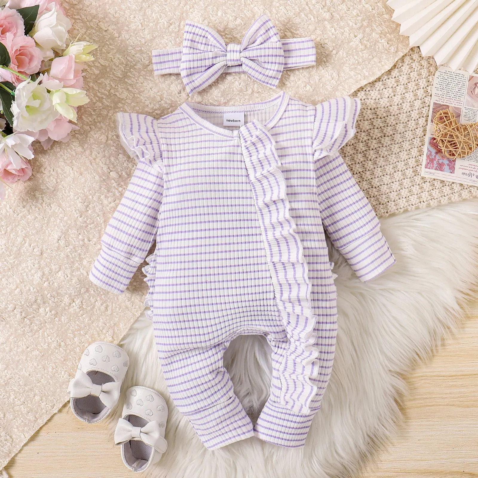 Girls cotton striped long-sleeved romper suit in purple with shorts trousers and front closure for newborn to 9 months