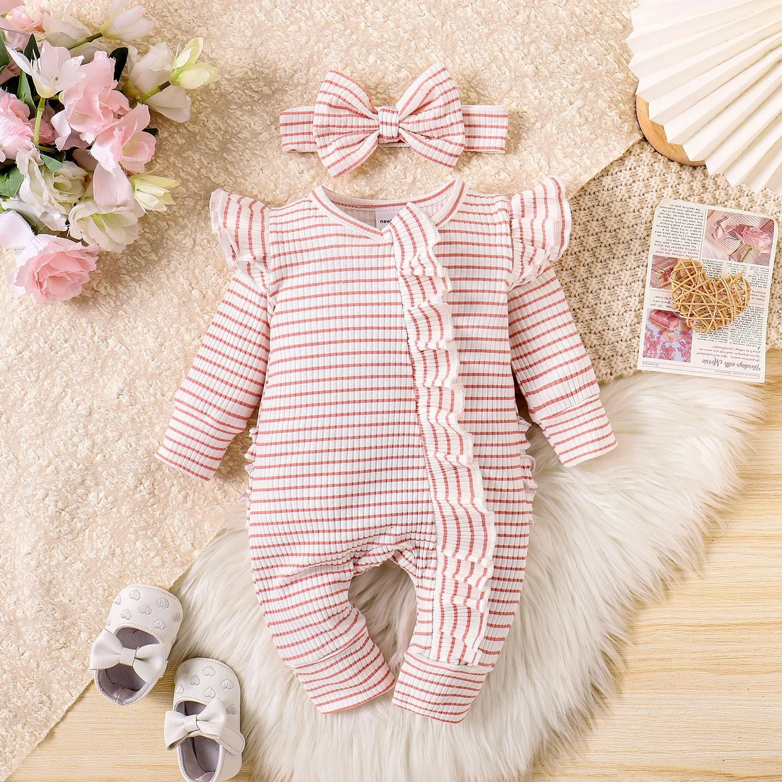 Girls cotton striped long-sleeved romper suit in purple with shorts trousers and front closure for newborn to 9 months