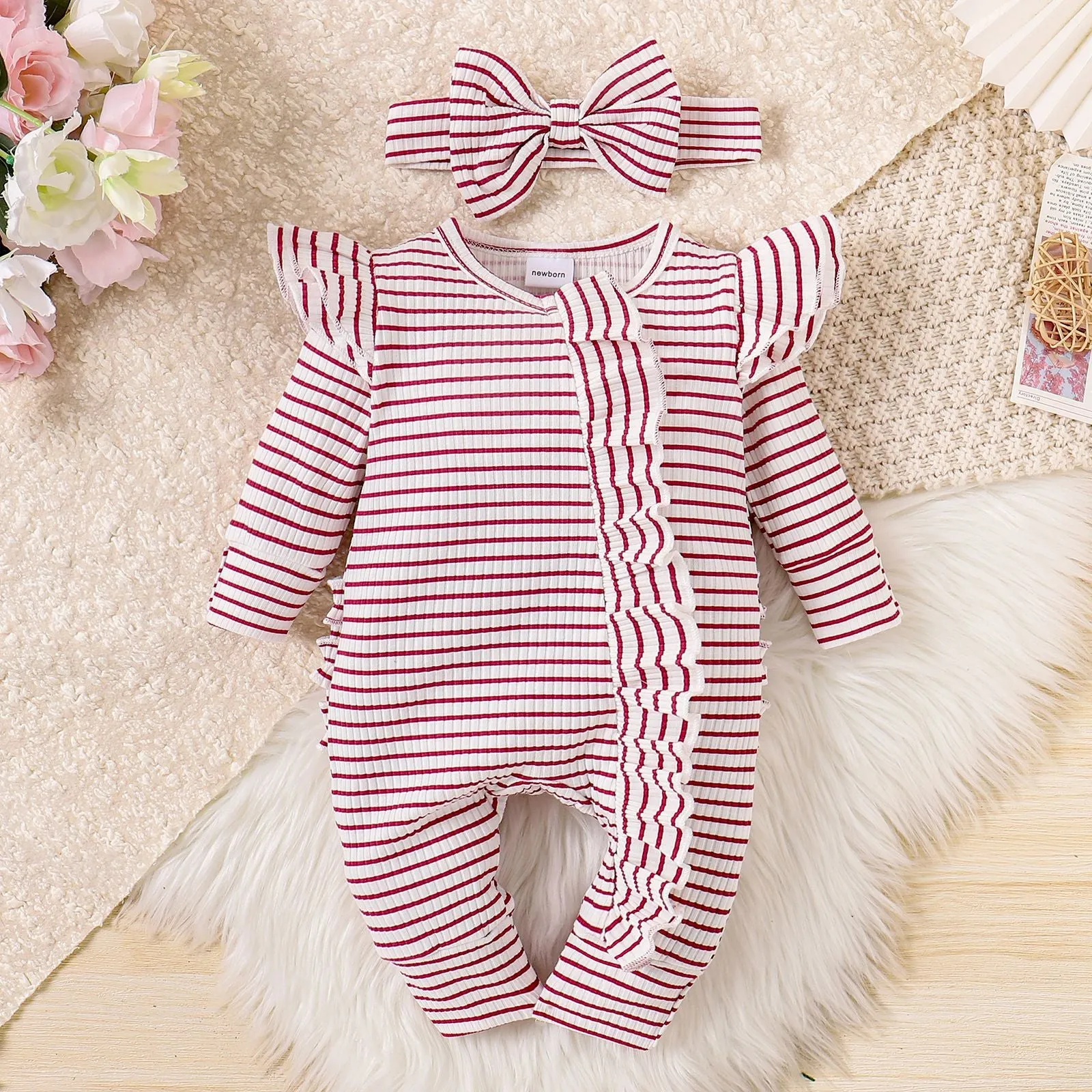 Girls cotton striped long-sleeved romper suit in purple with shorts trousers and front closure for newborn to 9 months
