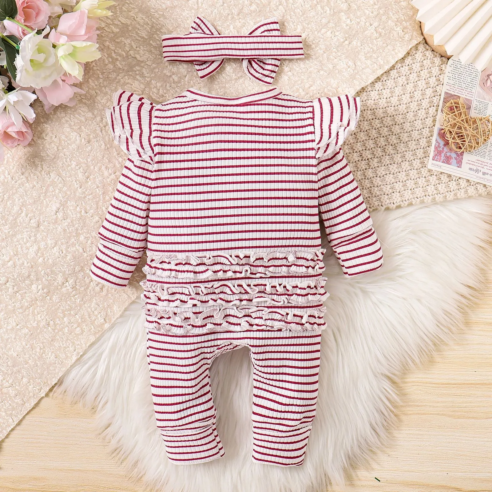 Girls cotton striped long-sleeved romper suit in purple with shorts trousers and front closure for newborn to 9 months