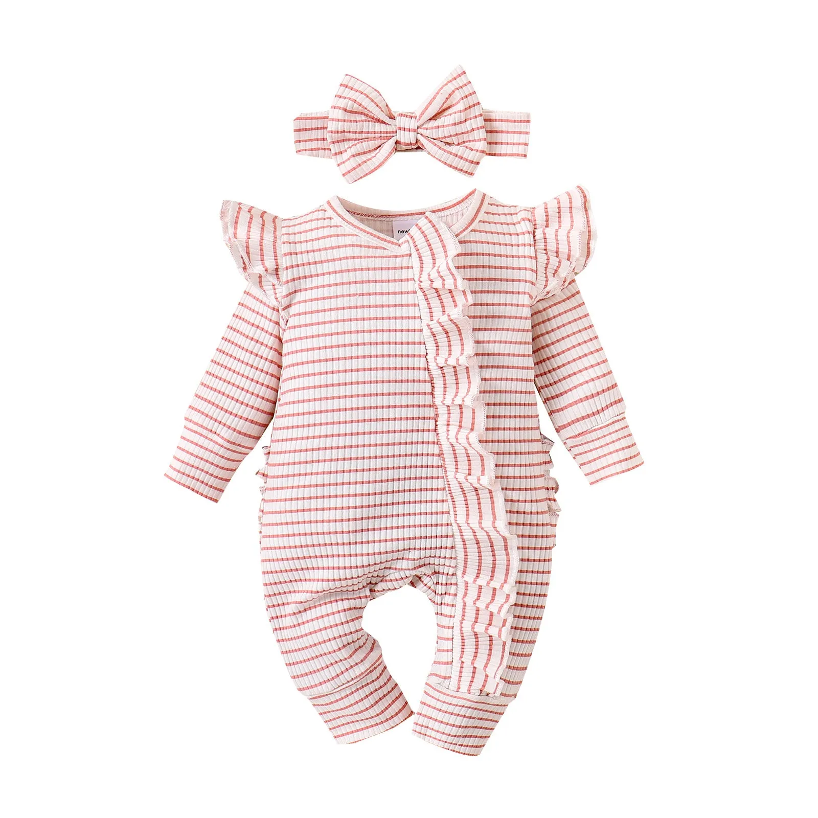 Girls cotton striped long-sleeved romper suit in purple with shorts trousers and front closure for newborn to 9 months