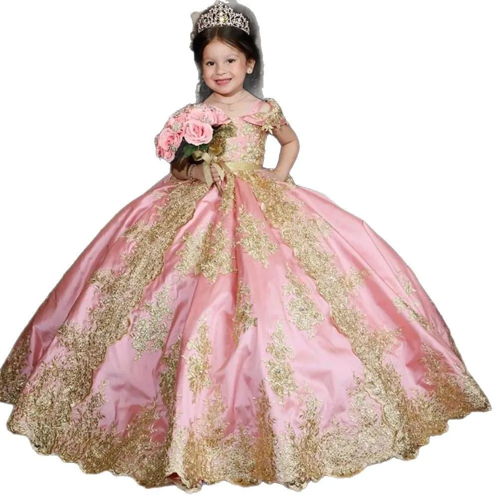 Girls floor-length cotton blend pettiskirt evening dress with lace in pink
