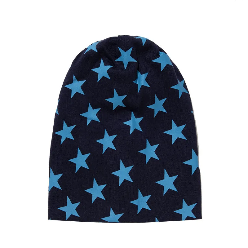 Little star pattern infant hexagonal cap in blue cotton knit, breathable winter beanie for babies