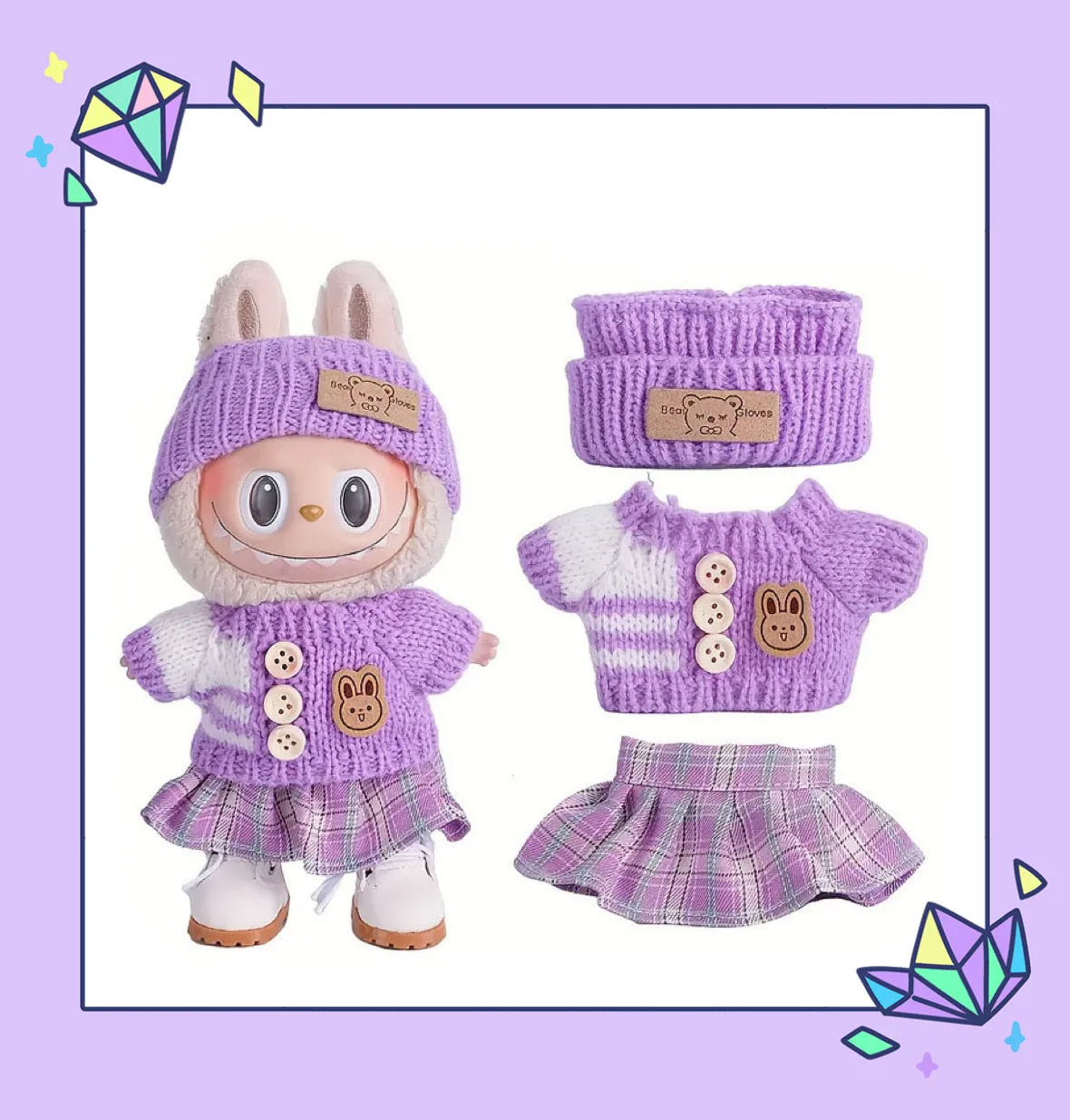 Doll casual dress suit in cloth material, purple sweater colour, with net pocket packaging, for teenager dolls aged 7-14 years