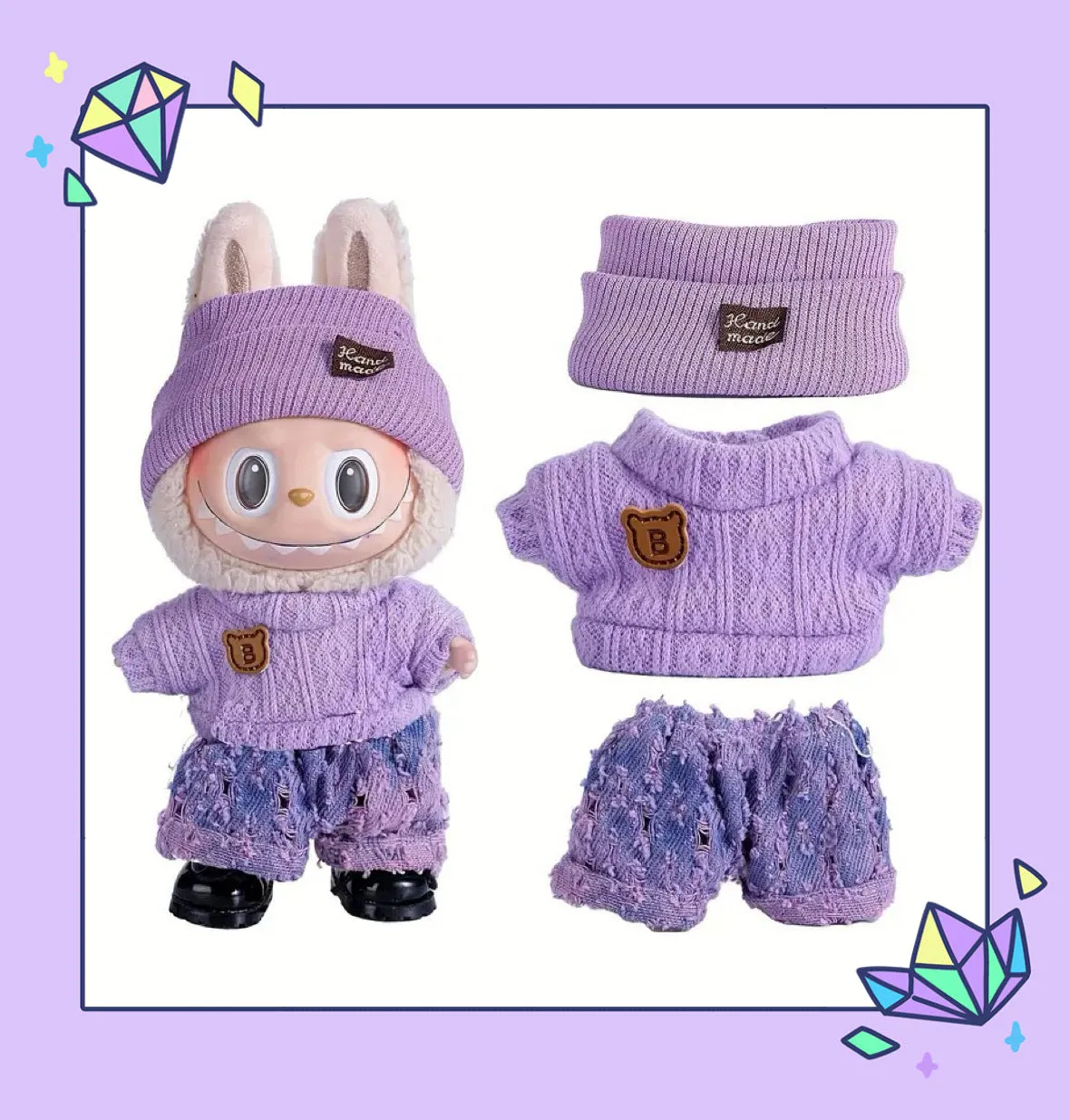 Doll casual dress suit in cloth material, purple sweater colour, with net pocket packaging, for teenager dolls aged 7-14 years