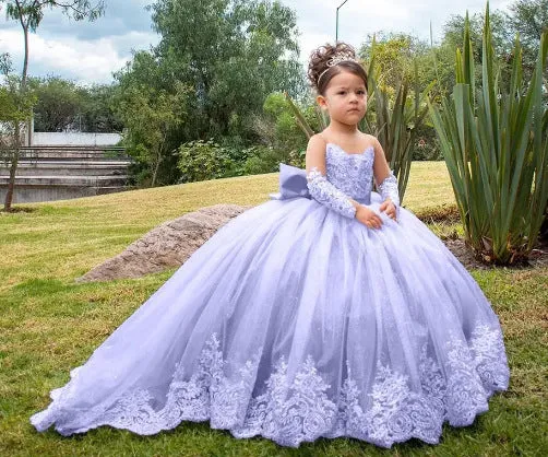 Girls' long small trailing lace mesh bubble skirt in Bean Pink with polyester lining, full front view