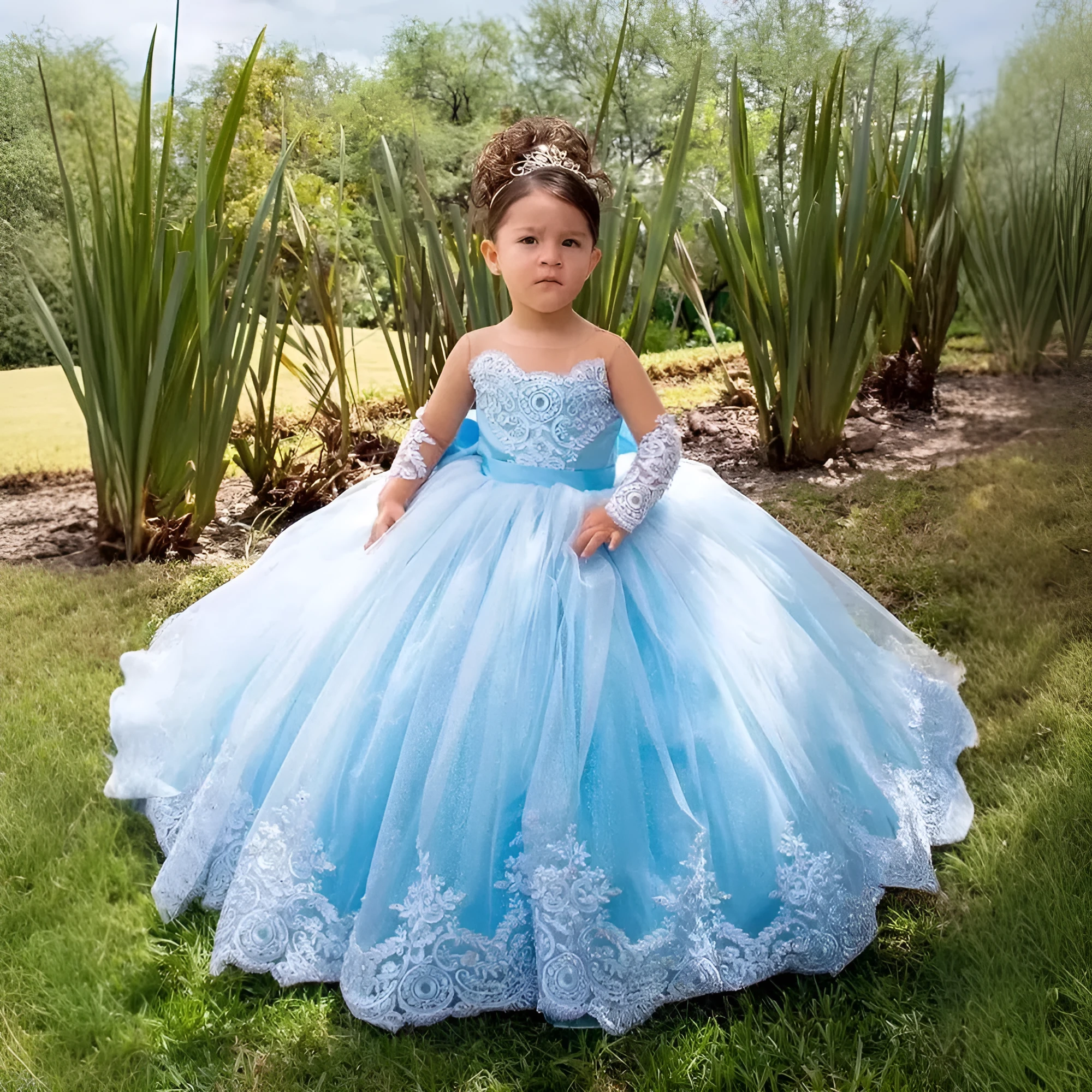 Girls' long small trailing lace mesh bubble skirt in Bean Pink with polyester lining, full front view