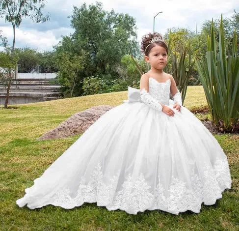 Girls' long small trailing lace mesh bubble skirt in Bean Pink with polyester lining, full front view