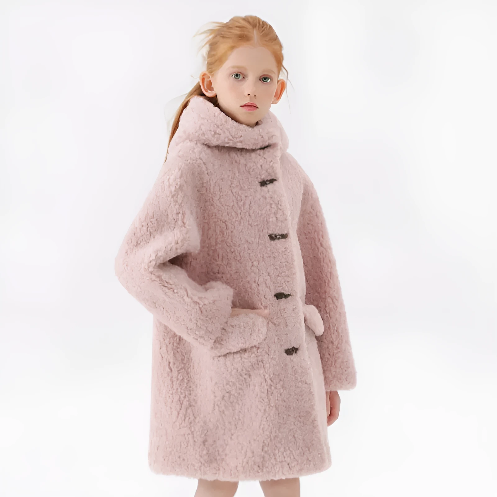 Girls imitation lamb wool mid-length polyester winter coat in pink, grey and white on a hanger