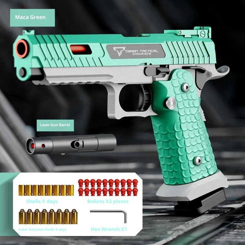 Metal shell-ejecting toy gun with slide lock in Macaron Green, showing realistic action