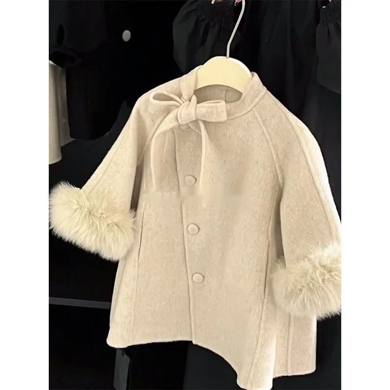 Beige Korean style single-breasted baby girl coat with long sleeves, mid-length cut, autumn winter wear