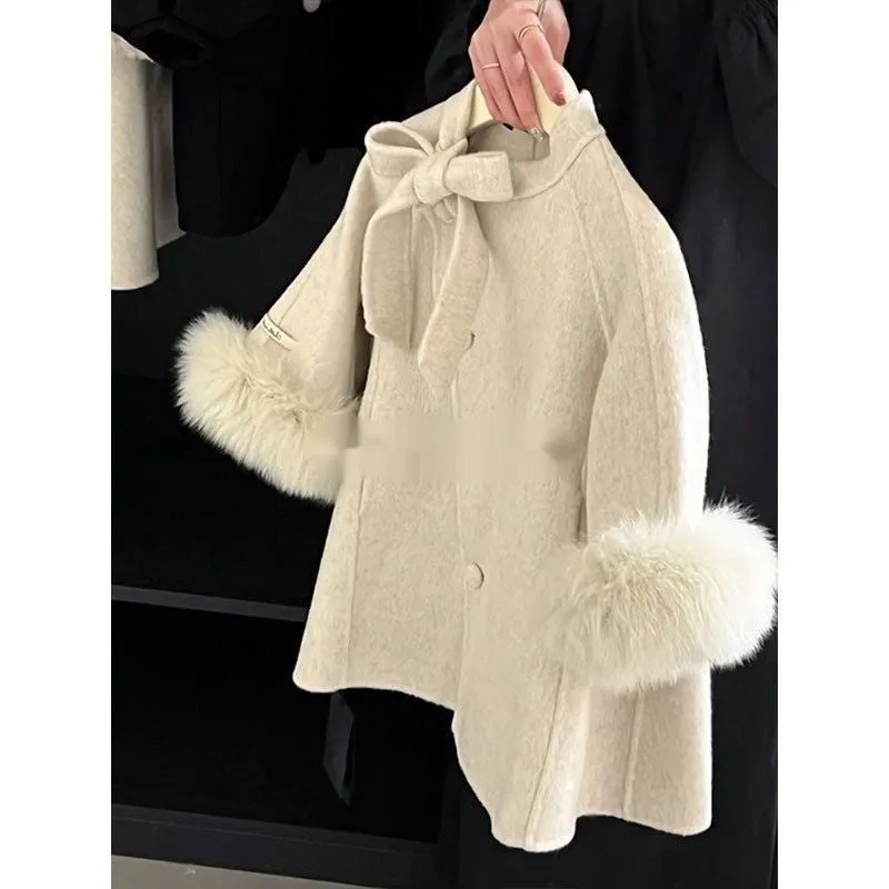 Beige Korean style single-breasted baby girl coat with long sleeves, mid-length cut, autumn winter wear