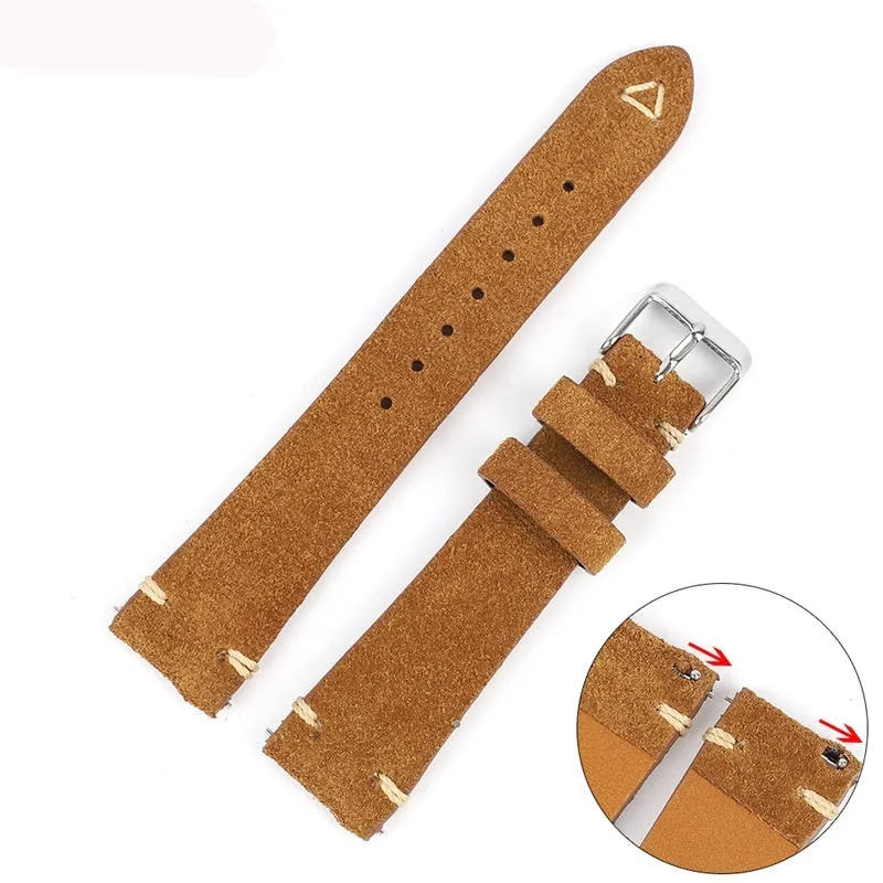Genuine suede leather watch strap in brown, blue, grey, or army green for 20mm or 22mm watches.