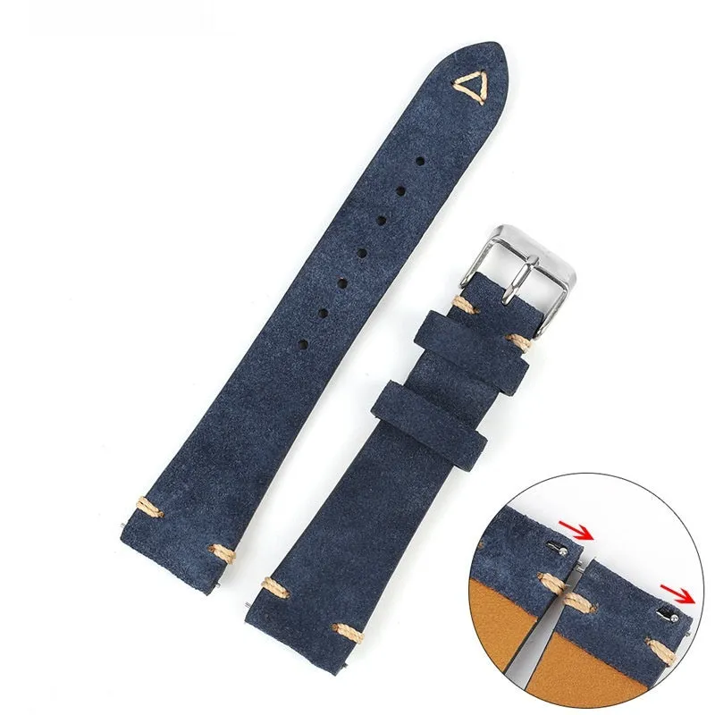 Genuine suede leather watch strap in brown, blue, grey, or army green for 20mm or 22mm watches.