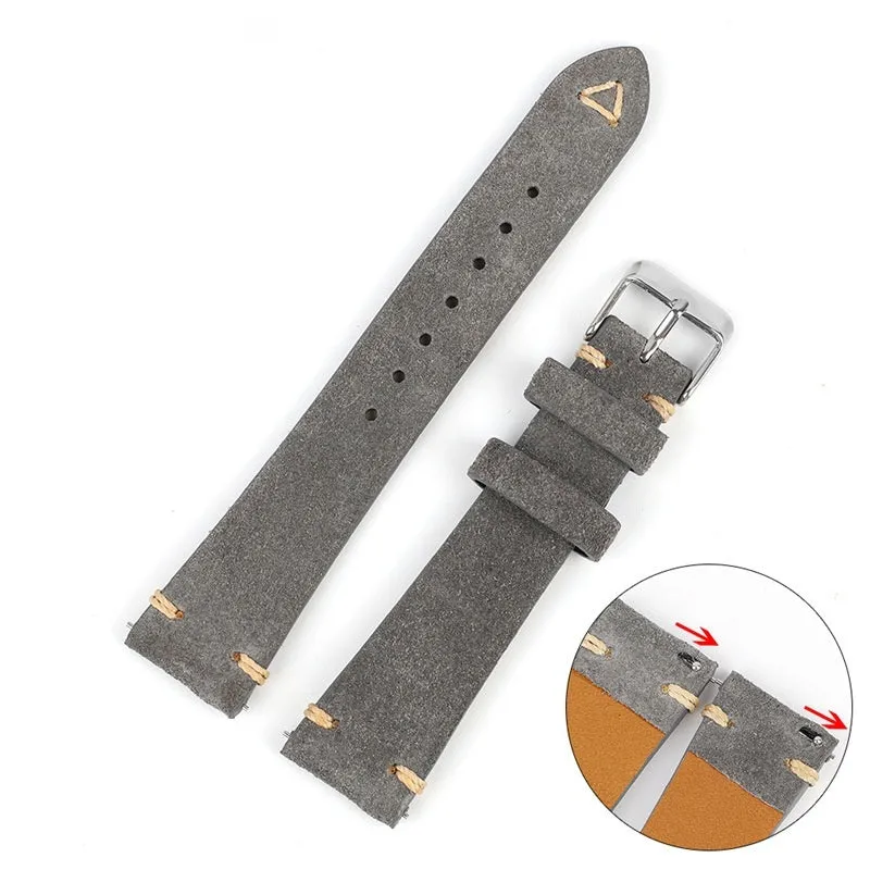 Genuine suede leather watch strap in brown, blue, grey, or army green for 20mm or 22mm watches.