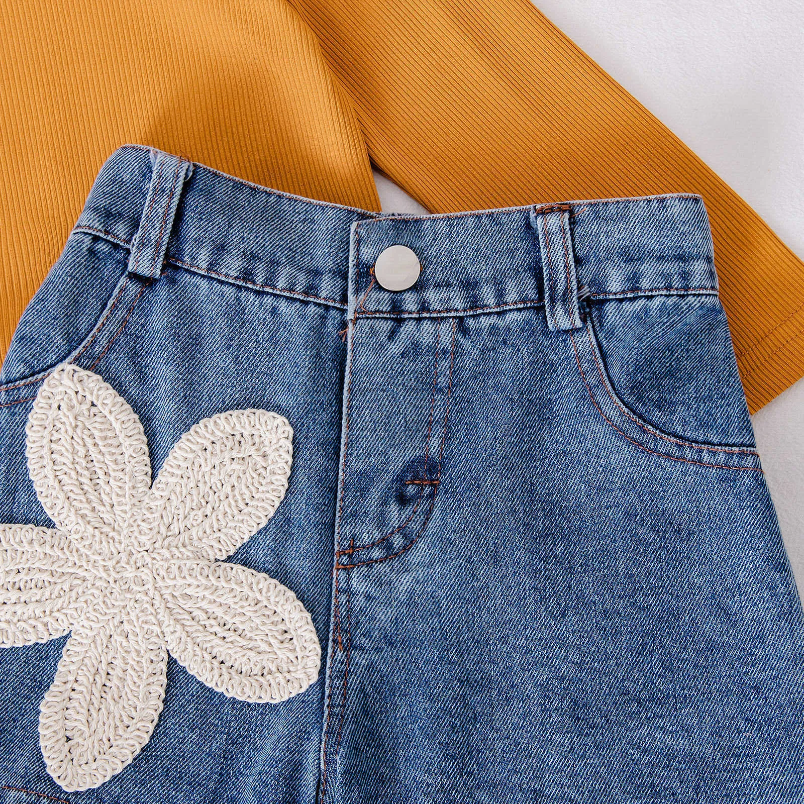 Khaki flower embroidered denim shorts set for girls with long sleeve top and shorts