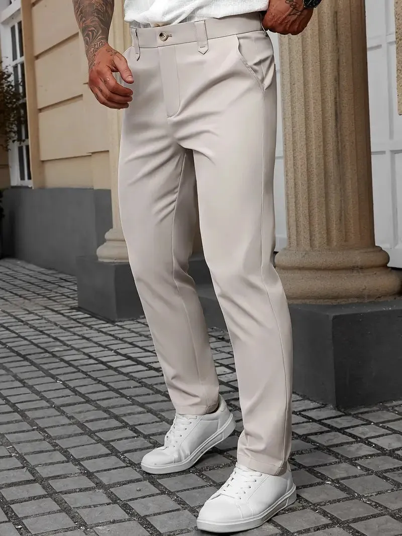 Men's straight leg business trousers in polyester available in black, apricot, white, and grey colours
