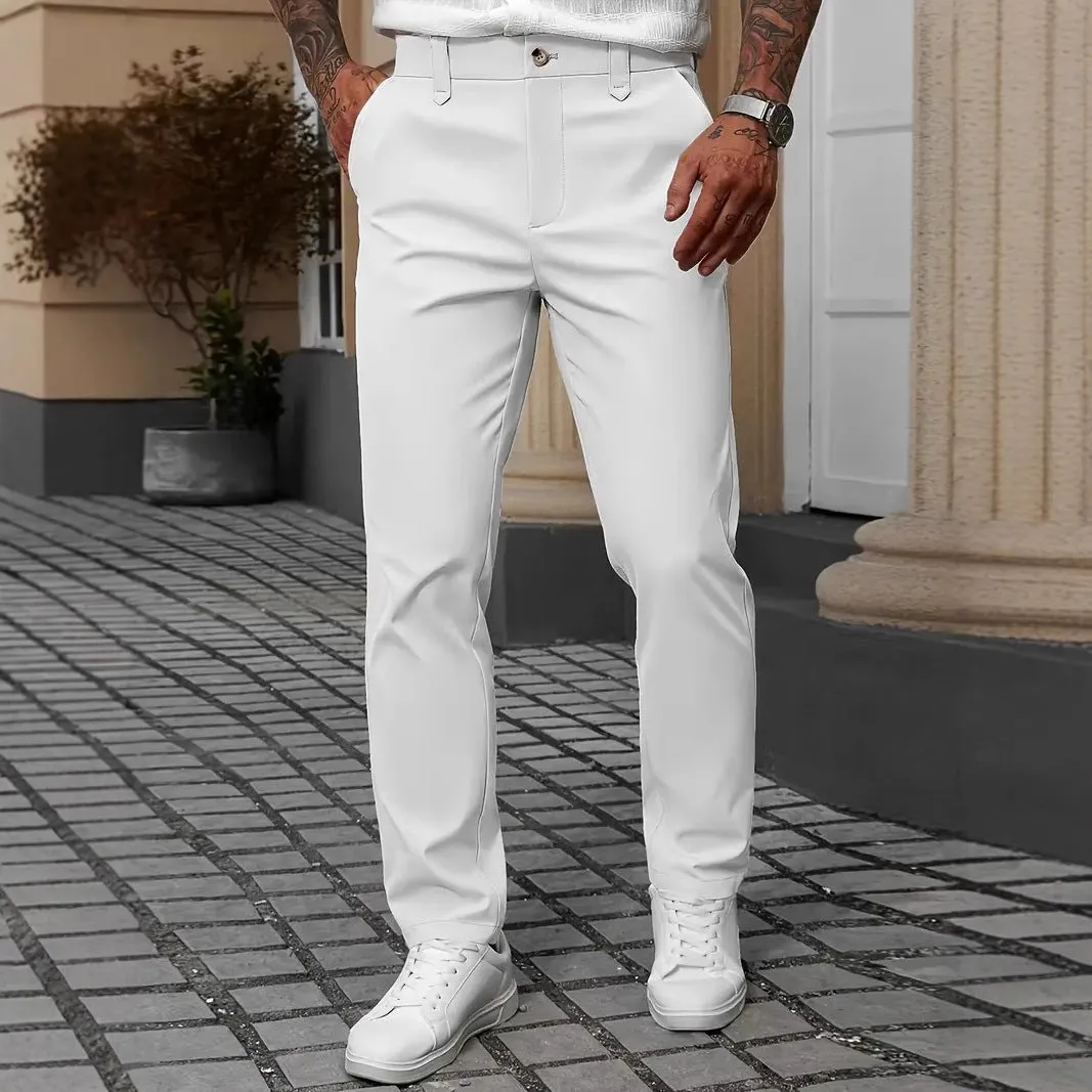 Men's straight leg business trousers in polyester available in black, apricot, white, and grey colours