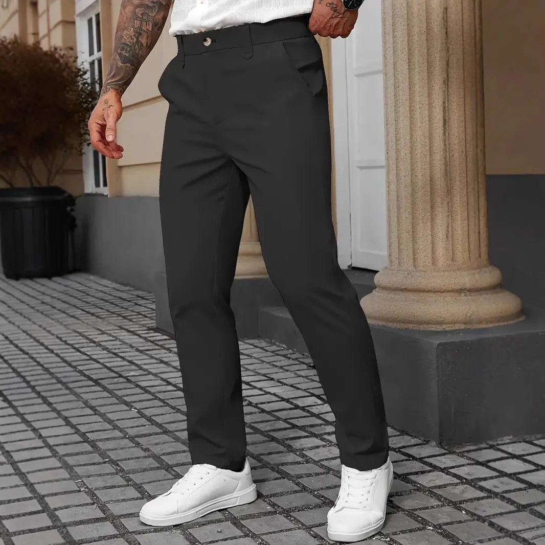 Men's straight leg business trousers in polyester available in black, apricot, white, and grey colours