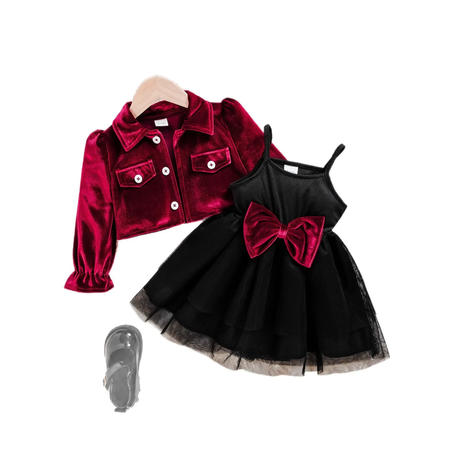 Baby girl jacket and bow strapless dress set in red solid colour with floral print long pants